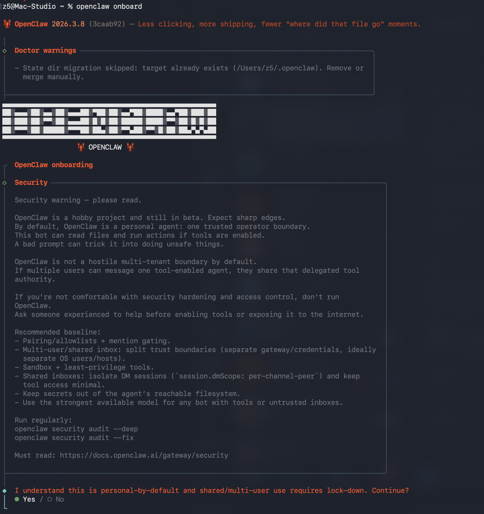 openclaw onboard 安全须知界面